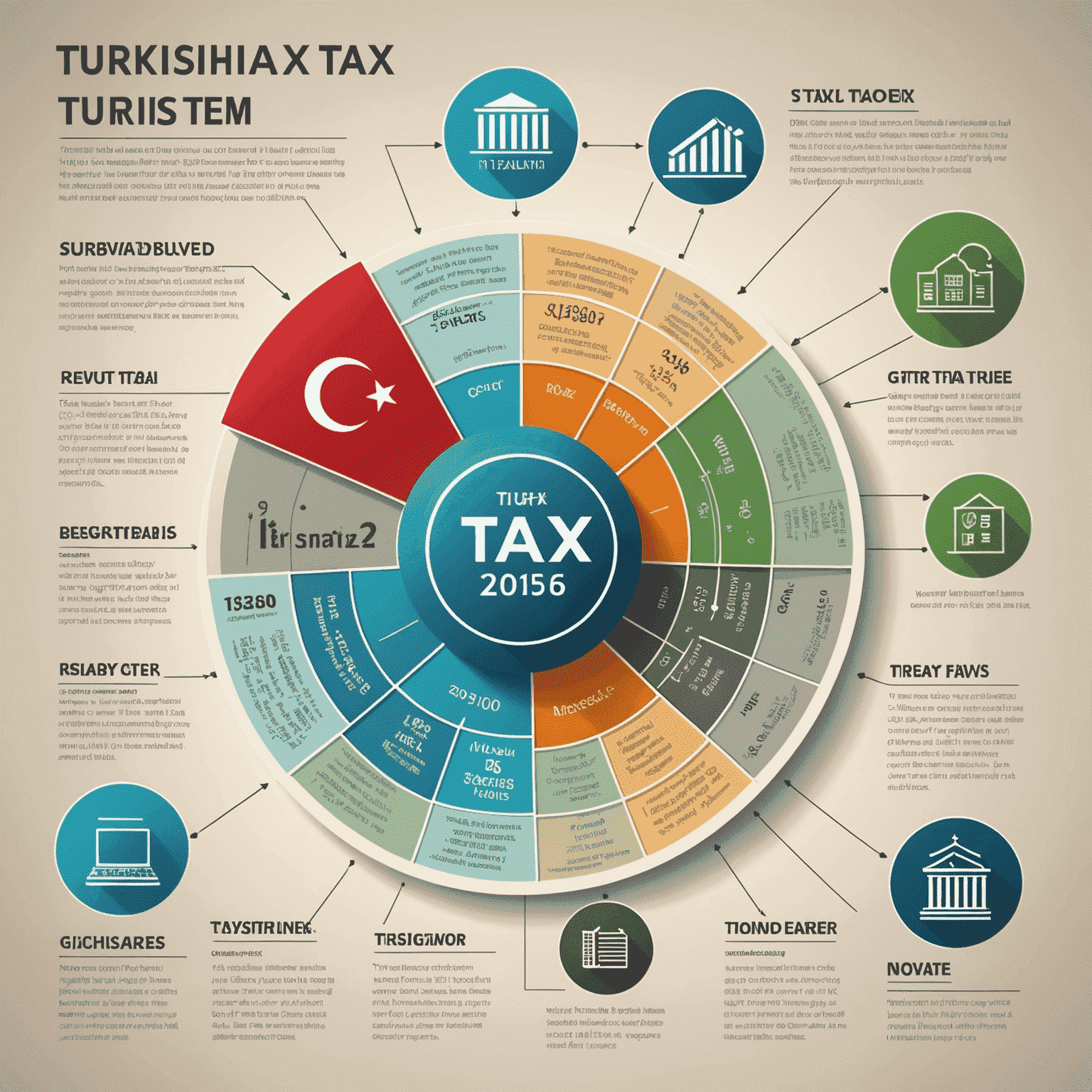 Türk vergi sistemini açıklayan görsel. Gelir vergisi, kurumlar vergisi ve KDV gibi temel vergi türleri ile vergi dilimleri gösteriliyor.